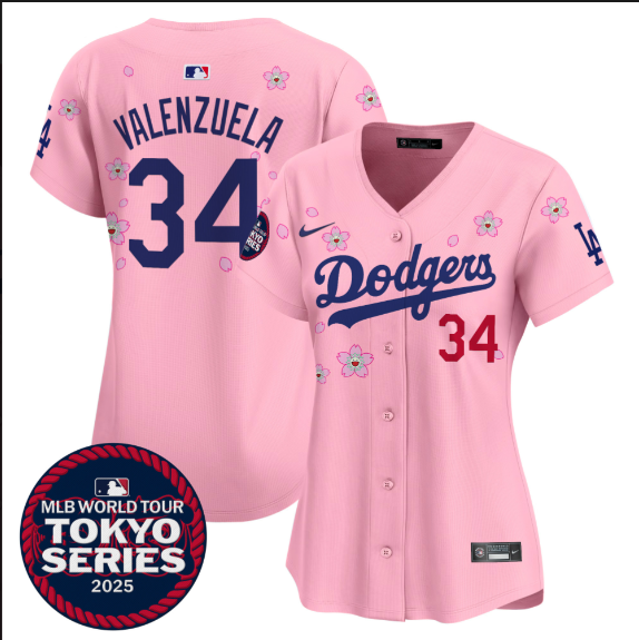 women Los Angeles Dodgers 34 Valenzuela Tokyo Series 2025 pink Limited Stitched Jersey